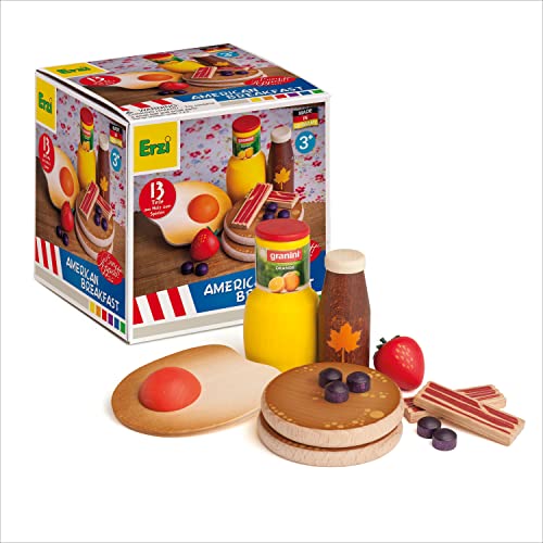 Erzi 28150 Sortierung American Breakfast aus Holz, Kaufladenartikel für Kinder, Rollenspiele