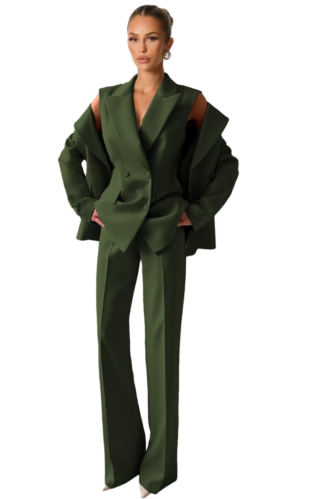 Army Green Suit Set for Women Petite Formal 3 Piece Sets with Vest Double Breasted Blazer Pants Suits