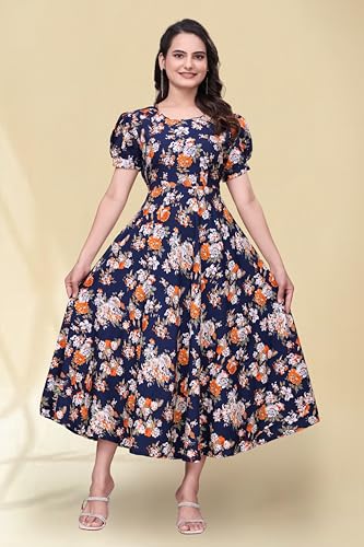 Image of Women's A-Line Crepe Maxi Dress | Stylish Fit and Flare Dress with Round Neck Short Puff Sleeves for Casual Wear