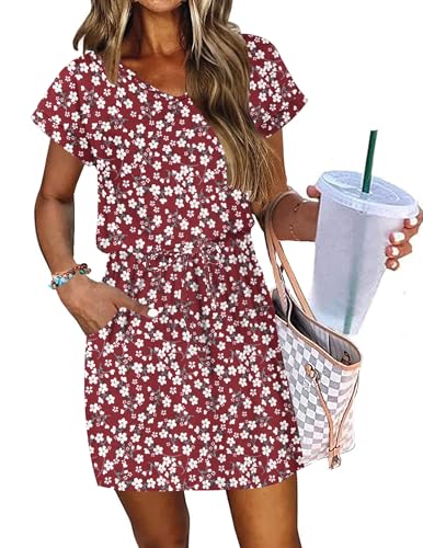 Image of AUSELILY Womens Summer Mini Dress, Short Sleeve V Neck Drawstring Casual | Soft smooth drape with an adjustable drawstring waist for beach, casual outings and daily wear