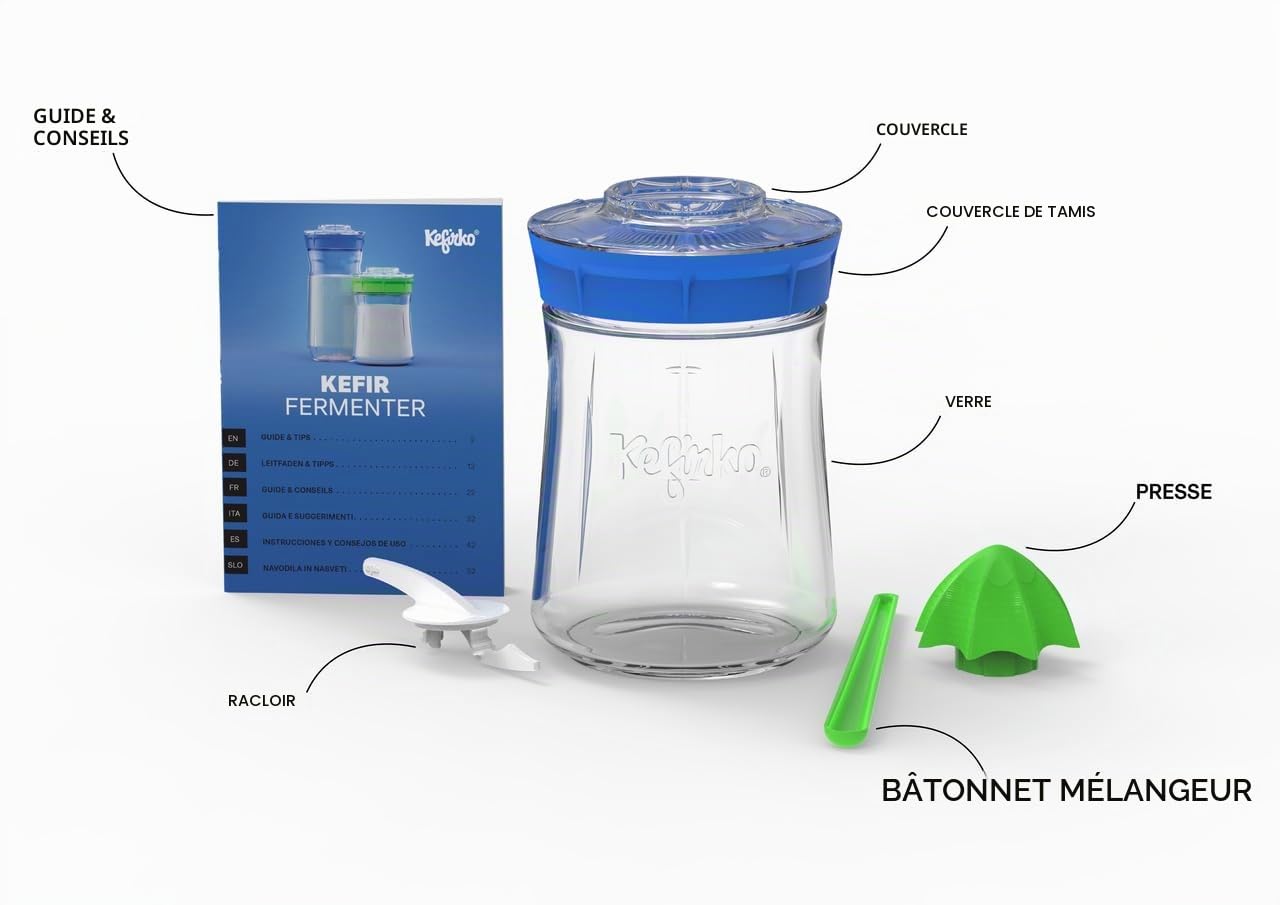 Kefirko Bocal de Fermentation | L'ensemble idéal pour préparer du Kéfir de Lait ou du Kéfir d'eau à la Maison | Fermenteur-germinateur Maison + livret de Recettes | 848ml | sans BPA | (Bleu)