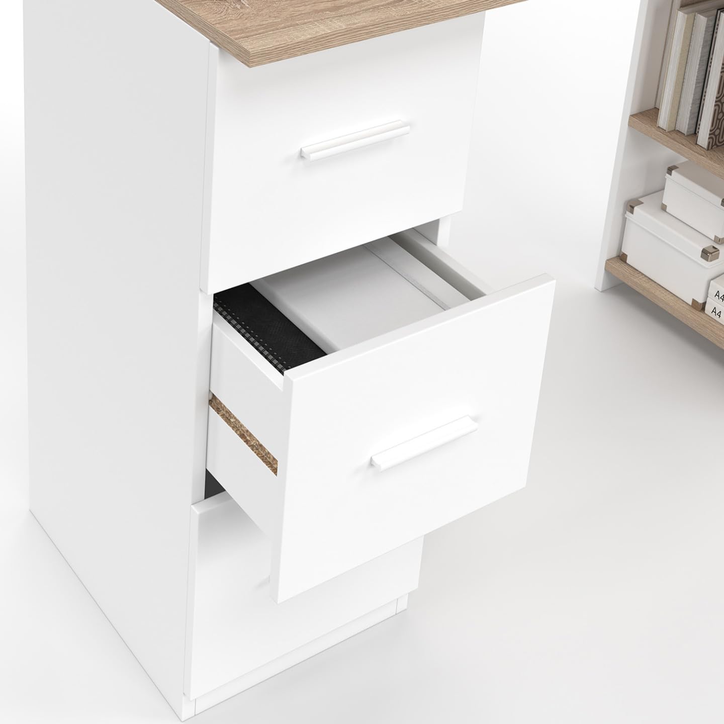 IDMarket - MAE Scrivania dritta a 3 cassetti con ripiani in legno e bianco