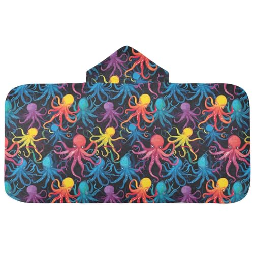 AMmao Kids Hooded Bath Towel Colorful Octopus Pattern Toddler Beach Towel Soft Lightweight Quick Dry Swim Cover Up 23.5 x 50 in Shower Pool Beach Swim Towel for Girls Boys 3-8 Y