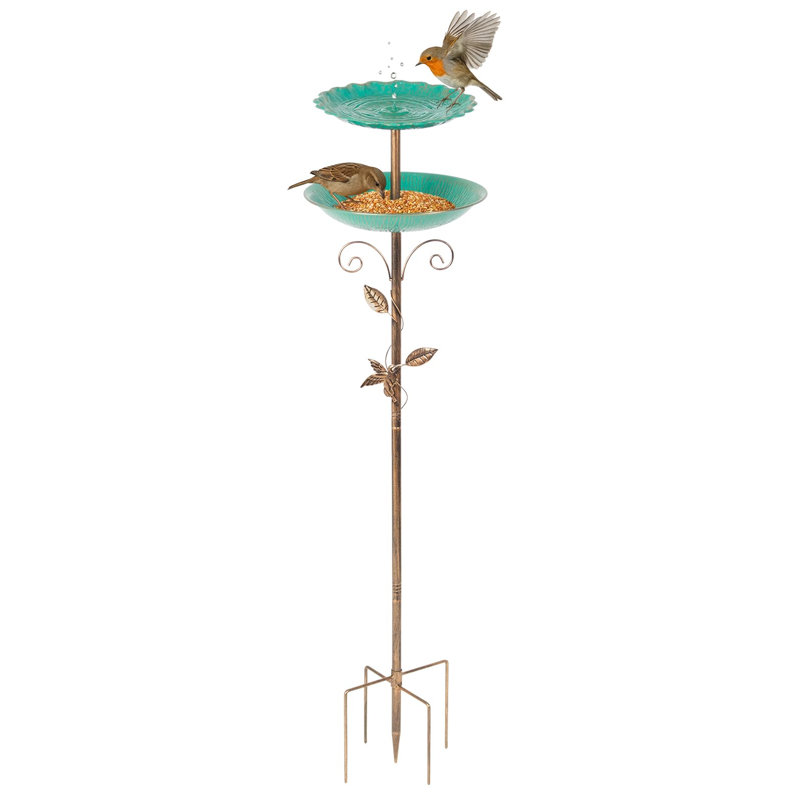 Todeco Bain d'oiseaux à Double Niveau, Mangeoire Abreuvoir 2 en 1 sur Pied | 2 Plateaux Polyvalents, Fonte Antirouille, Base à 5 Pointes, pour Jardin, Cour, Pelouse, Terrasse