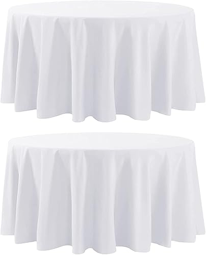 Aocoz Paquete de 2 manteles redondos blancos de 90 pulgadas, resistente a las manchas y lavable, mantel decorativo de poliéster para mesa de