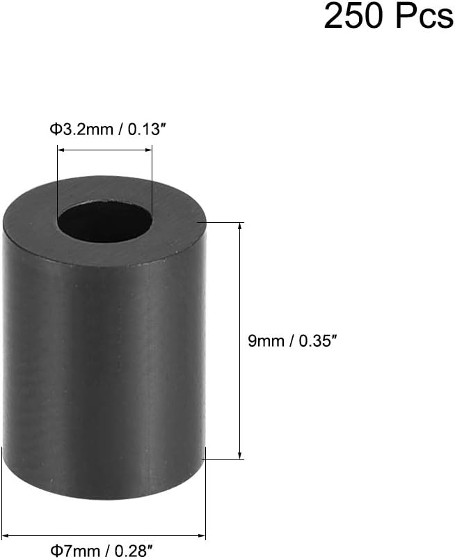 sourcing map ABS Round Spacer Washer 3.2mm ID 7mm OD 9mm Length for M3 Screws Block Black 250Pcs - Image 3