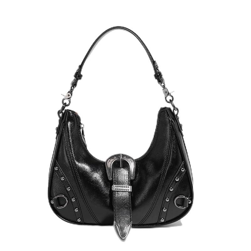 Women's Shoulder Bag with Silver Buckle, PU Leather, 9.8 x 2.2 x 7.9 inches, Black