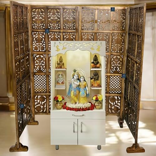 Image of Wooden Room Partition /Screen /Room Divider /Room Separator Burnt Wood Finish (Hand Buffing) Frame Traditional Handicrafts 6Ft Height (30 Inches Width 4 Panel)
