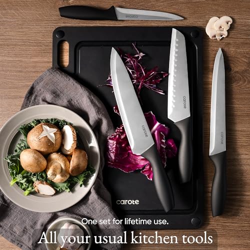 Image of CAROTE Knife Set, 11 Pcs Kitchen Knives with 5 Blade Guards & Non-Slip Cutting Board, Rustproof Stainless Steel 5 Kitchen Knife Set, Plain Black