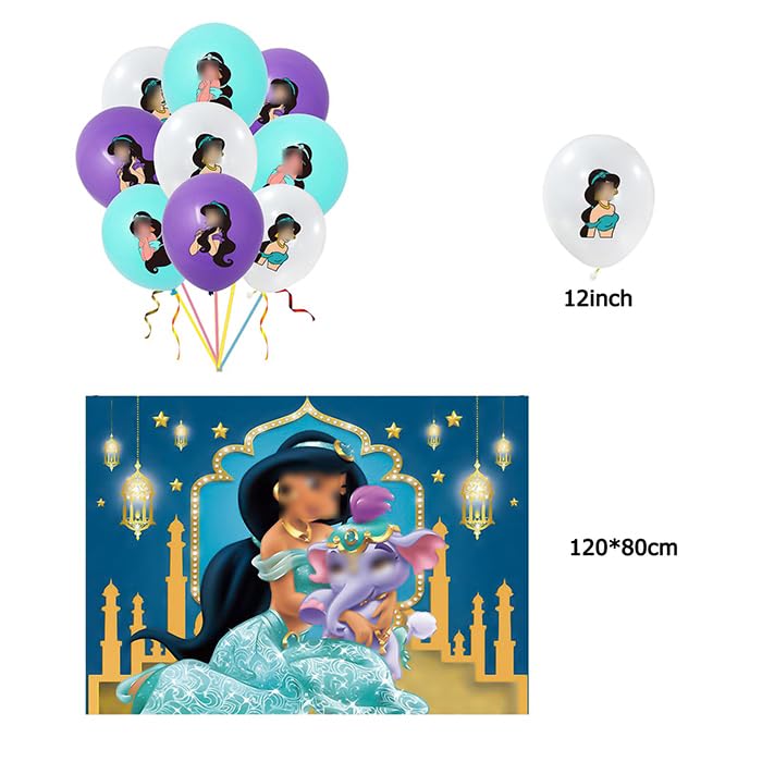 Décoration Anniversaire Princesse Jasmine - Toile Photo + 18 Ballons - Thème Aladdin