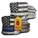 Cornhole365 Themed Cornhole Bags - 6'x6' All Weather Dual-Sided Slick & Stick -Plastic Resin Cornhole Bean Bag Filler & Suede -Dual Stitched for Sports Competition- Blue Line American Flag -Set of 8