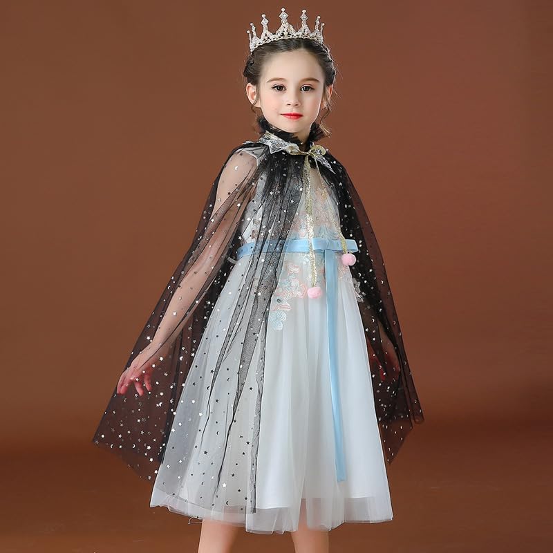 Image of Princess Cape for Girls - Colorful Sequin Cloak with Crown and Wand for Birthday, Halloween, Fancy Dress & Carnival