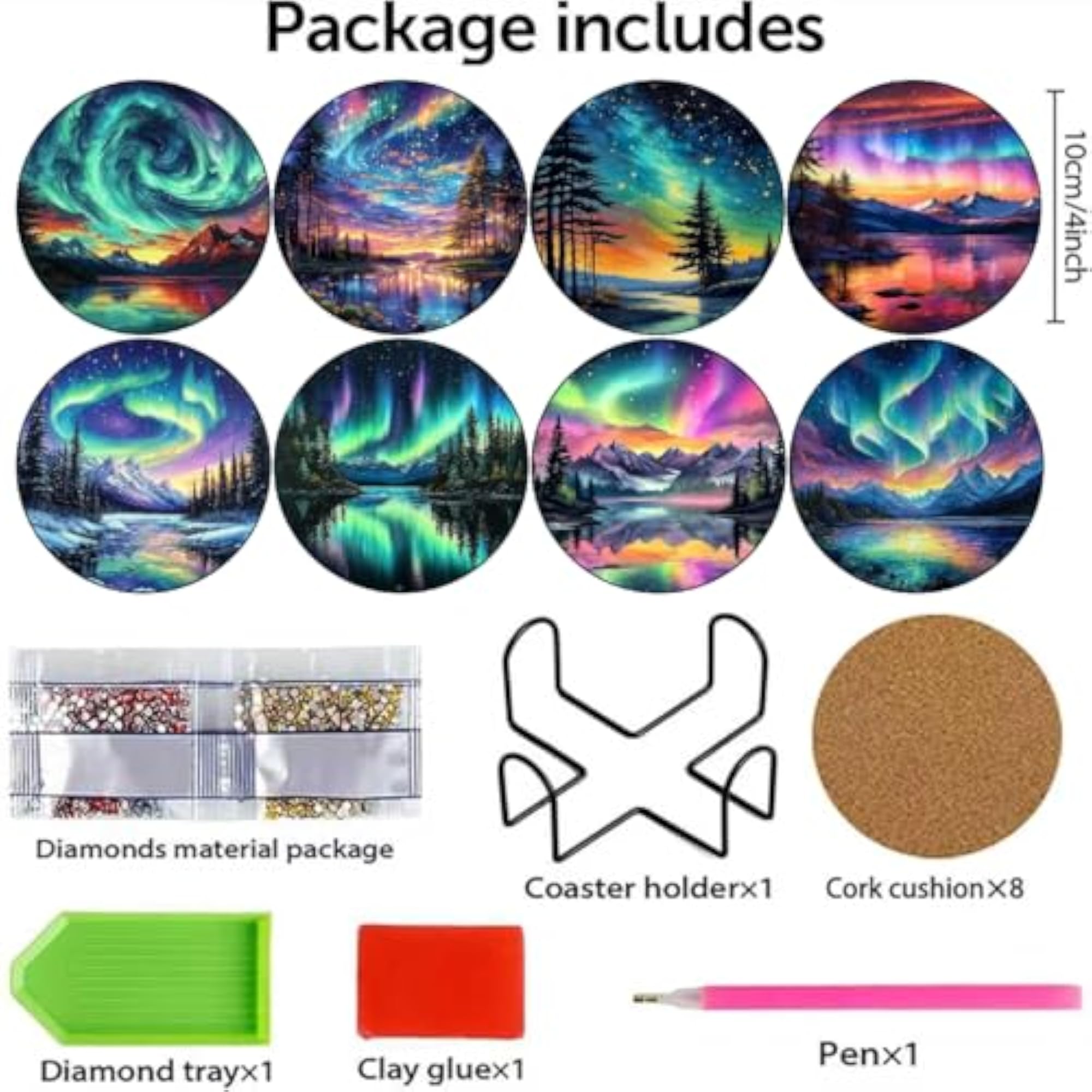 Aurora Diamond Painting Coaster Set with Holder, DIY Gift