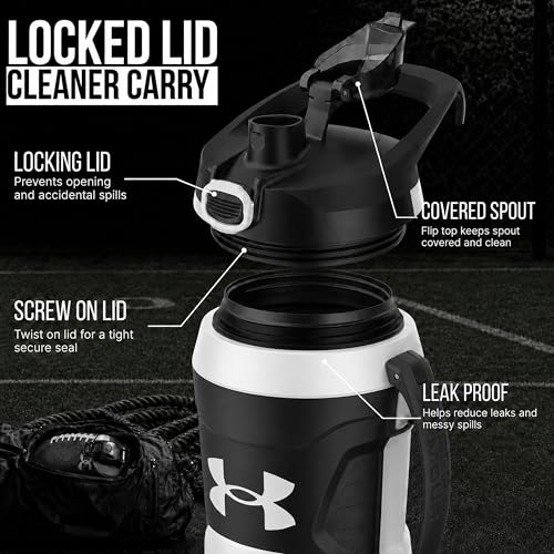 Image of Under Armour Insulated Water Bottle with Handle & Fence Hook, Half Gallon Sports Water Jug, Leak-Resistant & BPA-Free for Baseball, Football & Gym - White /Black, 64oz
