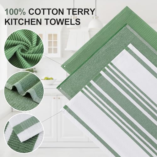 Image of Homaxy Premium Kitchen Towels(18 inchx 28 inch, 3 Pack), Large Cotton 380 GSM Kitchen Hand Towels, Soft and Absorbent Terry Dish Towels, Multipurpose Tea Towel Set with Hanging Loop, Grass Green