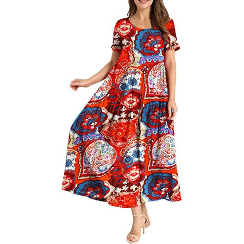 AYBIOSD Vestido Floral De Manga Corta para Mujer Vestidos Fluidos De Verano Falda Larga Informal con Cuello Redondo Y Bolsillo,Style 2,XL