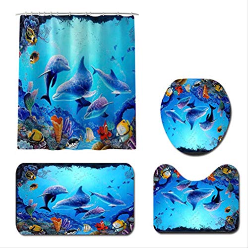 JSKDF Duschvorhang Schimmelschutz 4-Teiliges Bad Anti-Rutsch-Matten-Set rutschfeste Delfinfisch-Badematte Korallen-Samt… – Bild 3