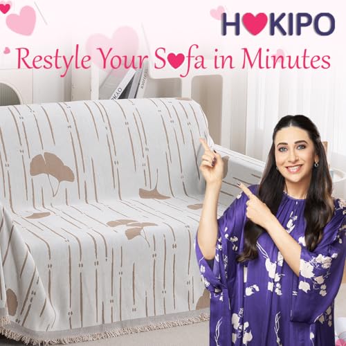 Image of HOKIPO Printed 320 GSM Chenille Sofa Cover Throw Blanket for 2 Seater Sofa - All Season, 'Serene Abode Series' Beige Ginkgo Lines (180x250 cm) (AR-6632-D2)