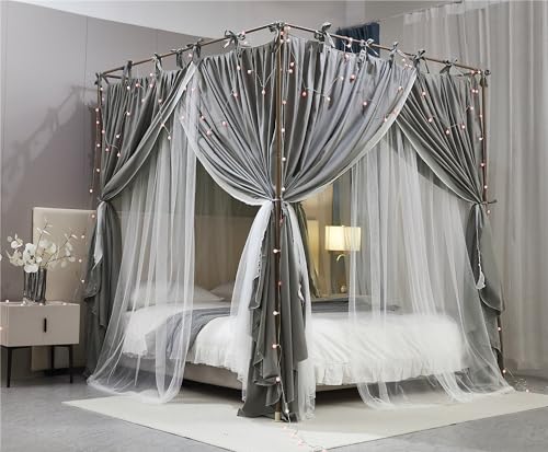 AIOOO 4 Corners Post Princess Curtain Bed Canopy Double Layer Cozy Mosquito Net Mesh and Cloth for Girls Adults Bedroom Decoration (Double-Grey/White, 78" W*86" L*82"*H/(King)) by AIOOO - Image 3