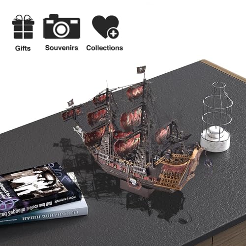 Image of Piececool 3D Metal Puzzles for Adults, Red Queen Anne's Revenge Pirate Ship Model Kits, 3D Watercraft Model Building Kit, DIY Craft Kits Difficult 3D Puzzles for Family Time