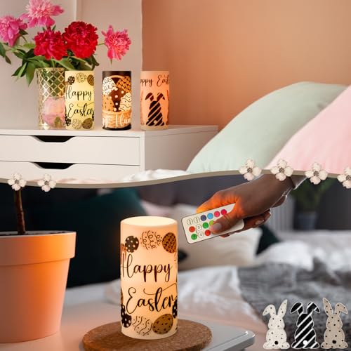 Image of Retisee 3 Pcs Black Brown Easter Flameless LED Candles Battery Operated Bunny Spring Flickering Pillar Candles with Remote Rabbit Easter Centerpiece for Bedroom Living Room Dinner Table Decoration