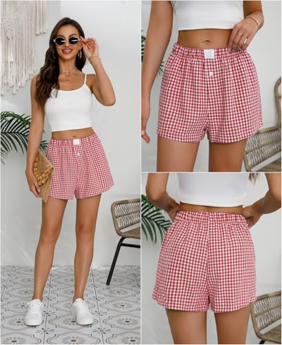 Womens Boxer Shorts Cotton Summer Casual Pajama Y2K Sleep Gingham Plaid Shorts Bottom with Pockets4