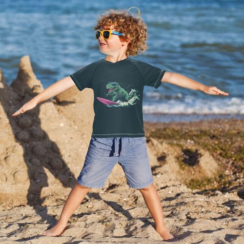 T-rex Dinosaur Surfing Dark Girls Bathing Suit Short Sleeves Beach Tops Swimwear Beach Tops 3T4