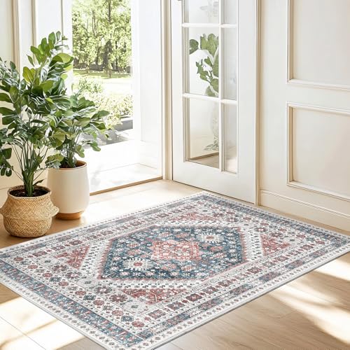 Madane Washable Area Rug 2x3, Small Entryway Rug Non-Slip Vintage Door Mat Indoor Entrance, Low Pile Floor Carpet for Inside Front Door Bedroom Kitchen Entry Laundry (2'x3', Navy Blue)