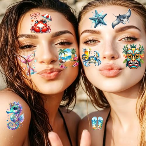 Image of Bilizar 50 Sheets Aloha Tattoos For Women Adults Hawaii Summer Beach Pool Hibiscus Temporary Tattoo Sticker, Hawaiian Party Decoration Fake Tattoos Wave Turtle Decals Hawaii Aloha Party Favor Supplies