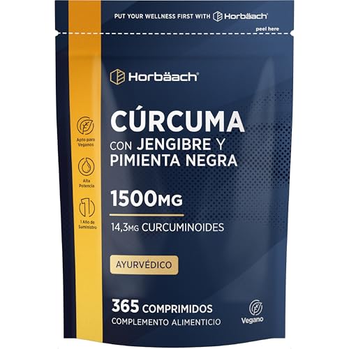 Cúrcuma con Jengibre y Pimienta Negra 1500mg | 1 Año de Suministro - 365 Comprimidos Veganos | con Curcuminoides y Gingeroles | Turmeric Complex con Piperina | Horbaach