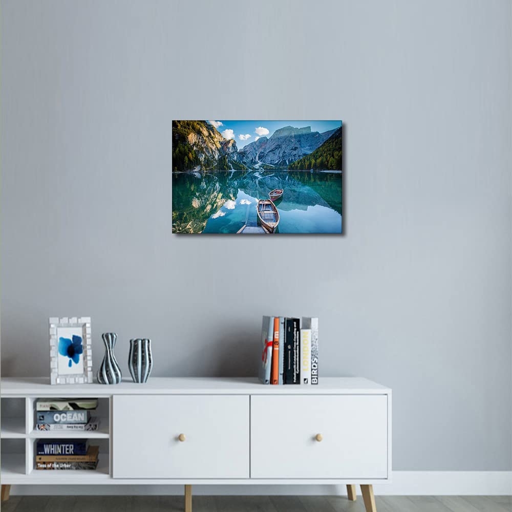 Canvas Wall Art Lakeside Boat Lago di Braies Lake Mountains Dolomiti di Brenta Painting Canvas Artwork Nature Picture for Home Office Wall Decor Framed Ready to Hang 12" x 18" - Image 4