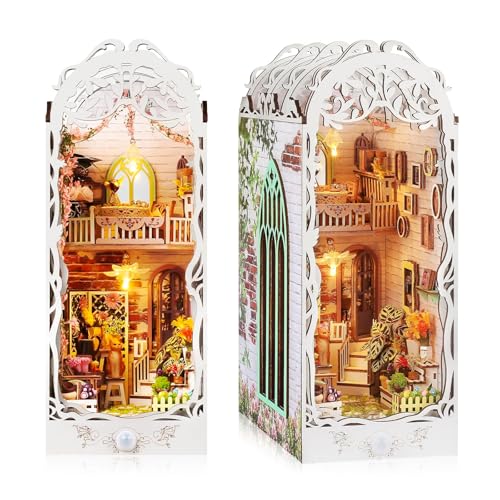 TAIHOBO The Book Nook Kit, Holz Diorama Modellbau Miniatur Haus, Puzzle Gartenhaus Booknook für Erwachsene, DIY Miniature House mit Möbeln und LED Licht, für Buchstütze Bibliothek Bücherregal Deko