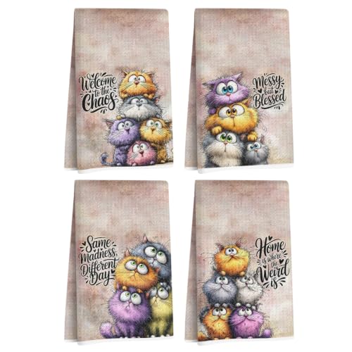 Jztco 4 Pcs Funny Cat Kitchen Towels, Cute Cat Gifts Reusable Hand Towels
