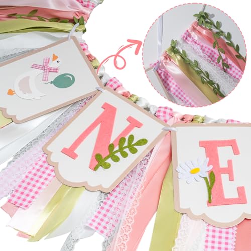 Image of Pre - stung Silly Goose High Chair Banner for Girls1st Birthday - Pink & Gold Baby Girl Cake Smash Cake Smash Props, Premium First Birthday ONE Banner Party Decoration