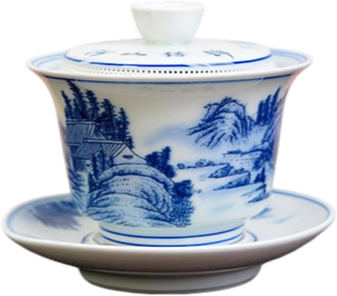 青花瓷防烫手三才盖碗大容量陶瓷敬茶碗 Ceramic Kung Fu Tea Set,teapot,Teacups,warming Wedding Birthday Gift,Tea Tray Chinese,Dishwasher Safe 锦绣山河360度出水盖碗