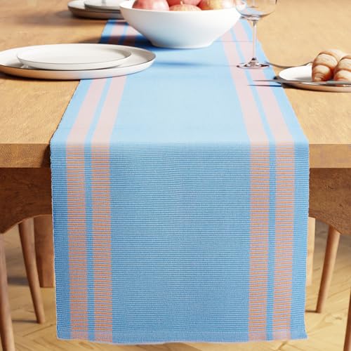 Image of Encasa XO Dining Table Runner for 4 to 6 Seater| Yarn Dyed Fine Ribbed Cotton | Size 32x137 cm | Ladder Blue | Machine Washable