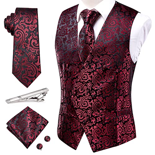 Hi-Tie Men's Silk Suit Vest Double-breasted Vest Set V Neck Jacquard Tie Handkerchief Cufflinks 4PCS Suits4