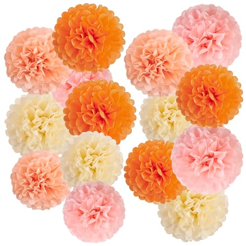Image of 15Pcs Tissue Pom Poms Pink Orange Paper Flowers Hanging Decorations Orange Pink Flower Ball for Baby Shower Wedding Nursery Birthday Party Backdrop Home Outdoor