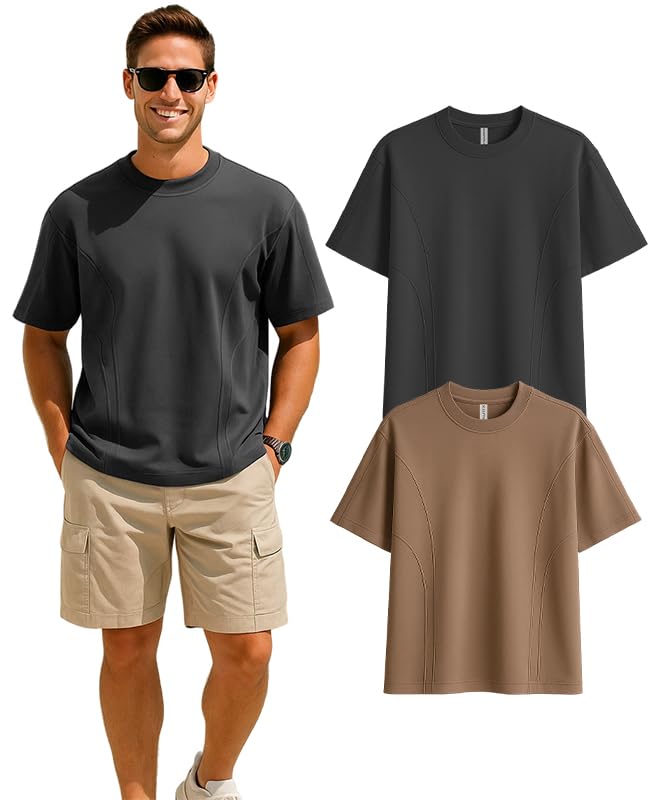 Image of Sleepynuts Men 220 GSM 100% Pure Cotton Oversized Baggy Fit Drop Shoulder Round Neck T-Shirt Pack of 2 (Toffee Brown, Smoky Grey-L)