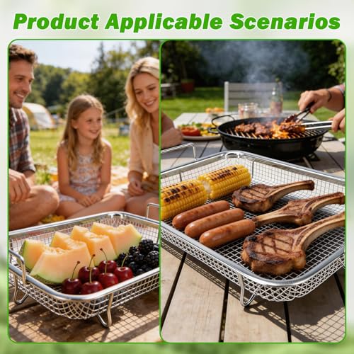 2 Stück Edelstahl Grillkorb Grillgitter, 22x30.5x8cm Crisper Korb, Mesh Grillkorb, Grillkorb Gitter für Backofen, Multifunktion Grillgitter BBQ Backkorb Pommes zum Backen Grillen Kühlen(Silbrig)
