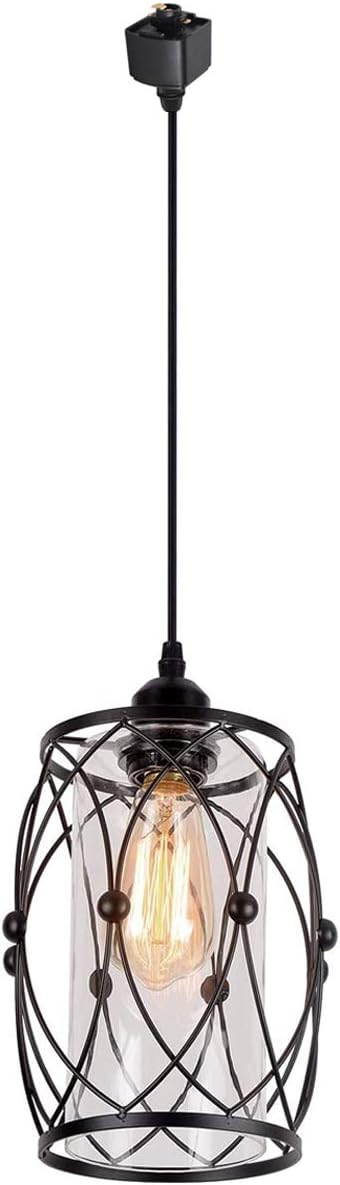Kiven One-Light H Track Lighting Pendant, Industrial Metal Cage with Cylindrical Clear Glass Shape,Black