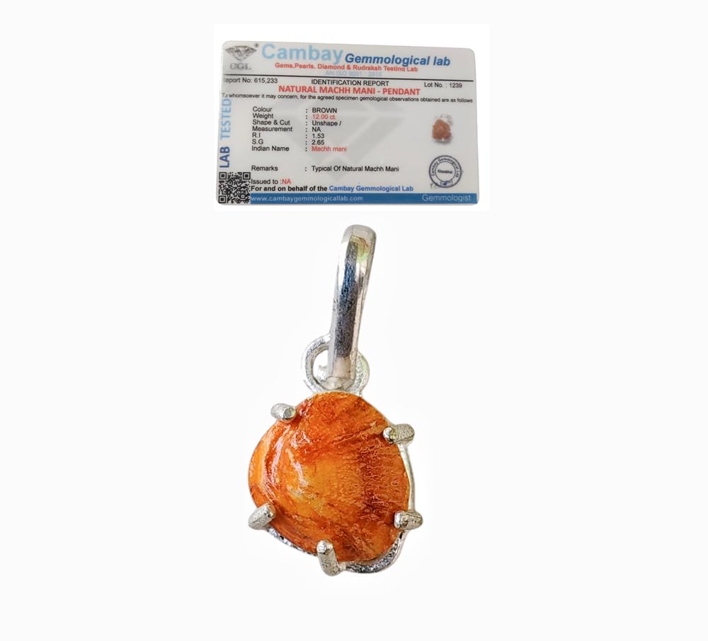 Certified Machh Mani Pendant (Fish Stone) in German Silver for Rahu Dosh Removal – Brown