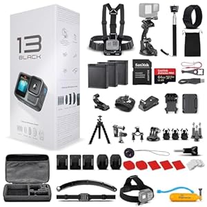 GoPro HERO13 (Hero 13) Black – with 50 Piece Accessory Kit and 2 Extra Batteries + 64GB Card – Waterproof Action Camera – 5.3K HDR, 27MP Photos, 1/1.9″ Sensor, Live Streaming, Webcam, Stabilization
