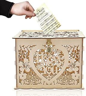 Wedding Money Box Holder with Cards Sign and Lock, Wedding Gift Card Cards Money Post Box Holder Rustic Large Wooden Letter Envelop Boxes for Reception Anniversary Birthday Party Parties