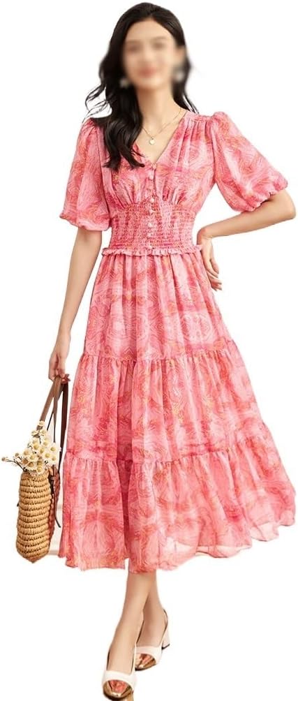 JSEIAJB Romantic Seaside Vacation Slimming V-Neck Bubble Sleeve Printed Chiffon Dress