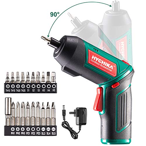 Cordless Screwdriver 6 N.m, HYCHIKA 3.6V 2.0Ah Electric Screwdriver Gun, Adjustable 2 Position Handles, Front LED, DC Charging, 20pcs Accessories