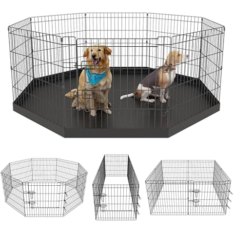 Artmeer Pet Playpen Puppy Playpen Kennels Dog Fence Exercise Pen Gate Fence Foldable Dog Crate 8 Panels 24 Inch for Pet Animals Outdoor Indoor with Bottom Pad (Black with Bottom pad) Cover