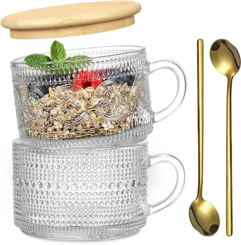 Image of KITOME 400ml Vintage Glass Mug Set (2) with Bamboo Lid & Spoon - Overnight Oats Jar, Iced Coffee Cup, Latte, Yogurt Container | Embossed Clear Glass