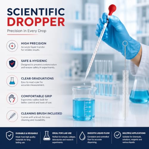 Image of 10ml (13 Inch) Glass Graduated Pipette Droppers with Red Rubber Bulbs (2pc.) & Cleaning Brush for Lab Laboratory Perfume Making Cosmetics School College Science Essential Oils Home Use