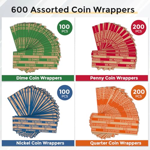 Coin Wrappers Assorted 600 PCS Flat Coin Rolls Wrappers for All Coins Including 200 Quarter Wrappers, 200 Penny Wrappers, 100 Dime Wrappers, 100 Nickel Wrappers - Thumbnail 4